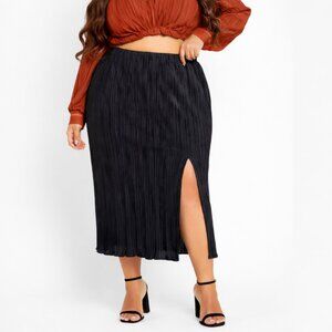 City Chic Hailee Black Plisse Midi Side-Split Skirt - NEW